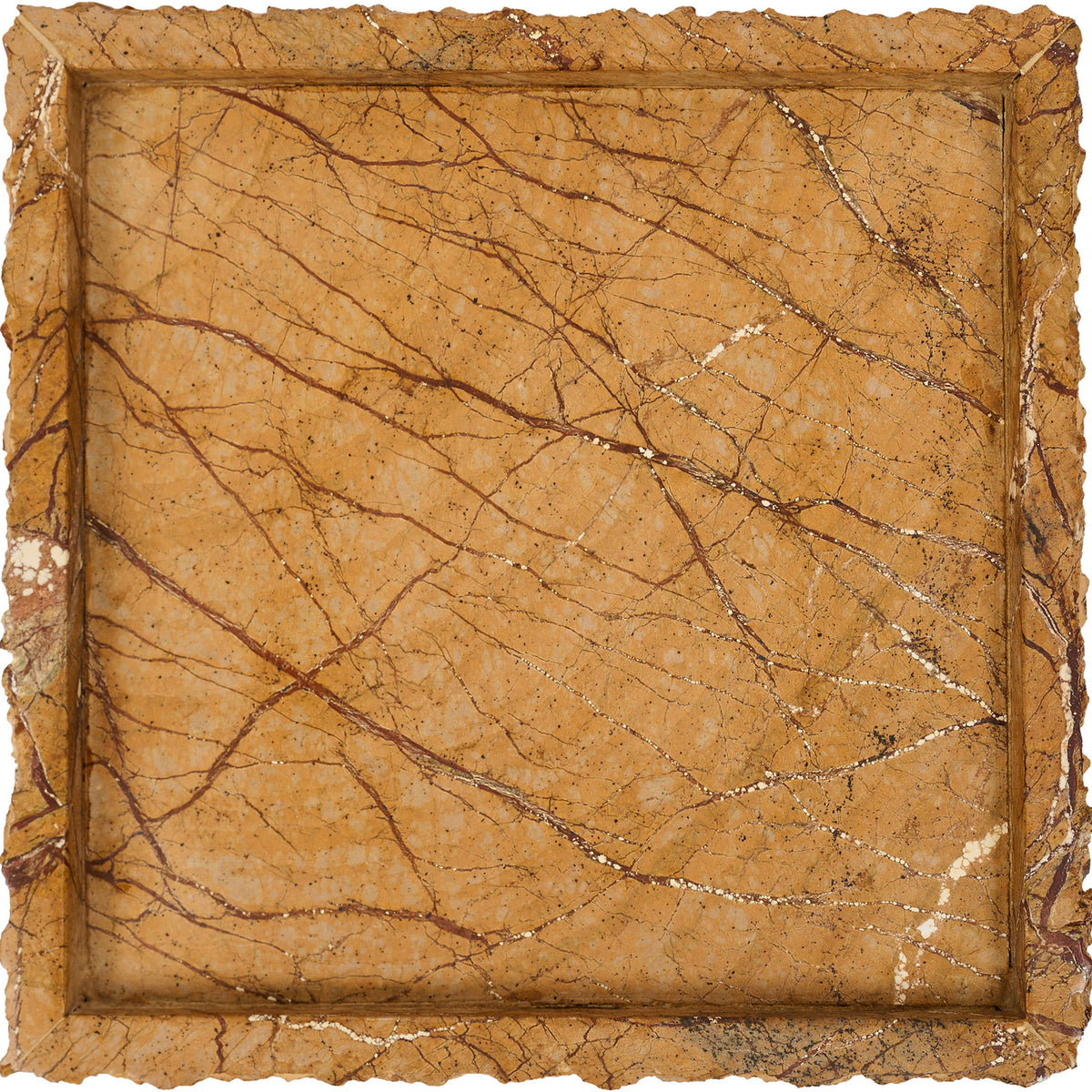 Genuine marble tray with rectangular rim, warm tan stone with dark veining.