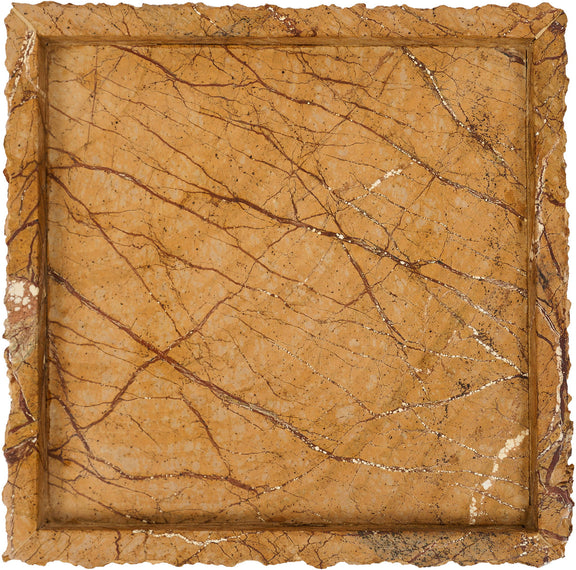 Genuine marble tray with rectangular rim, warm tan stone with dark veining.