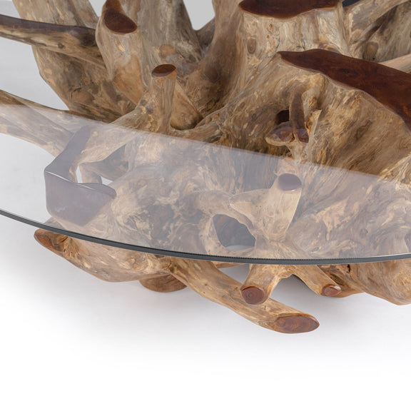 Sculpted natural wood coffee table base with clear glass top edge