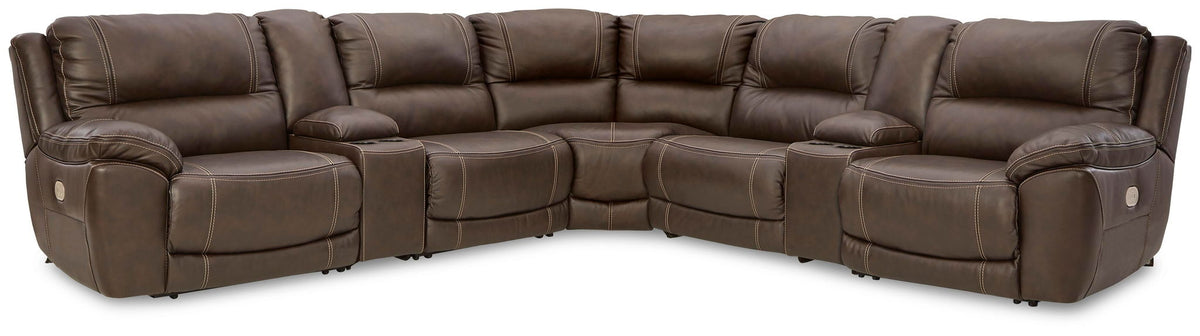 Dark brown power reclining sectional with chaise corner, multiple headrests, and padded arms
