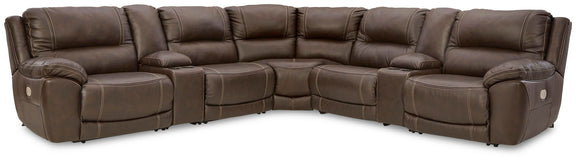 Dark brown power reclining sectional with chaise corner, multiple headrests, and padded arms
