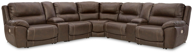 Dark brown power reclining sectional with chaise corner, multiple headrests, and padded arms