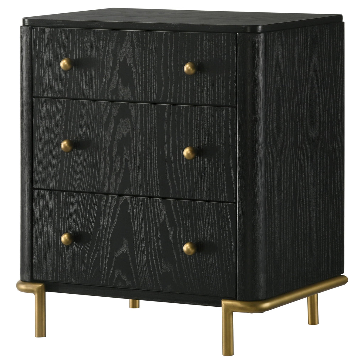 Black 3-drawer nightstand with gold-tone knobs and tapered legs, angled front