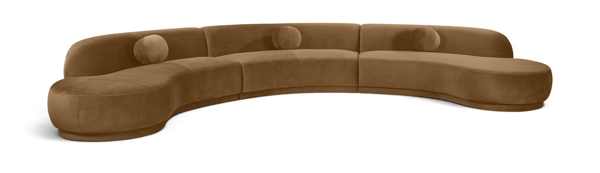 Velvet sectional sofa, light brown, rounded chaise, button-tufted cushions