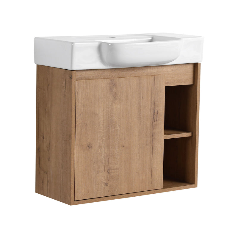 Wall-mounted bathroom vanity with dark wood cabinet and white single sink basin