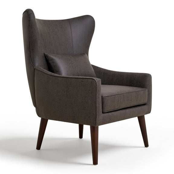 Curved-back lounge chair in dark charcoal fabric, padded seat and wide armrests.