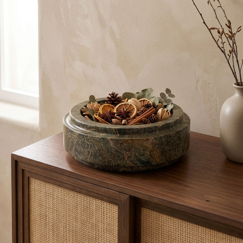 Green marble bowl with rounded rim, holding dried botanical arrangement inside.