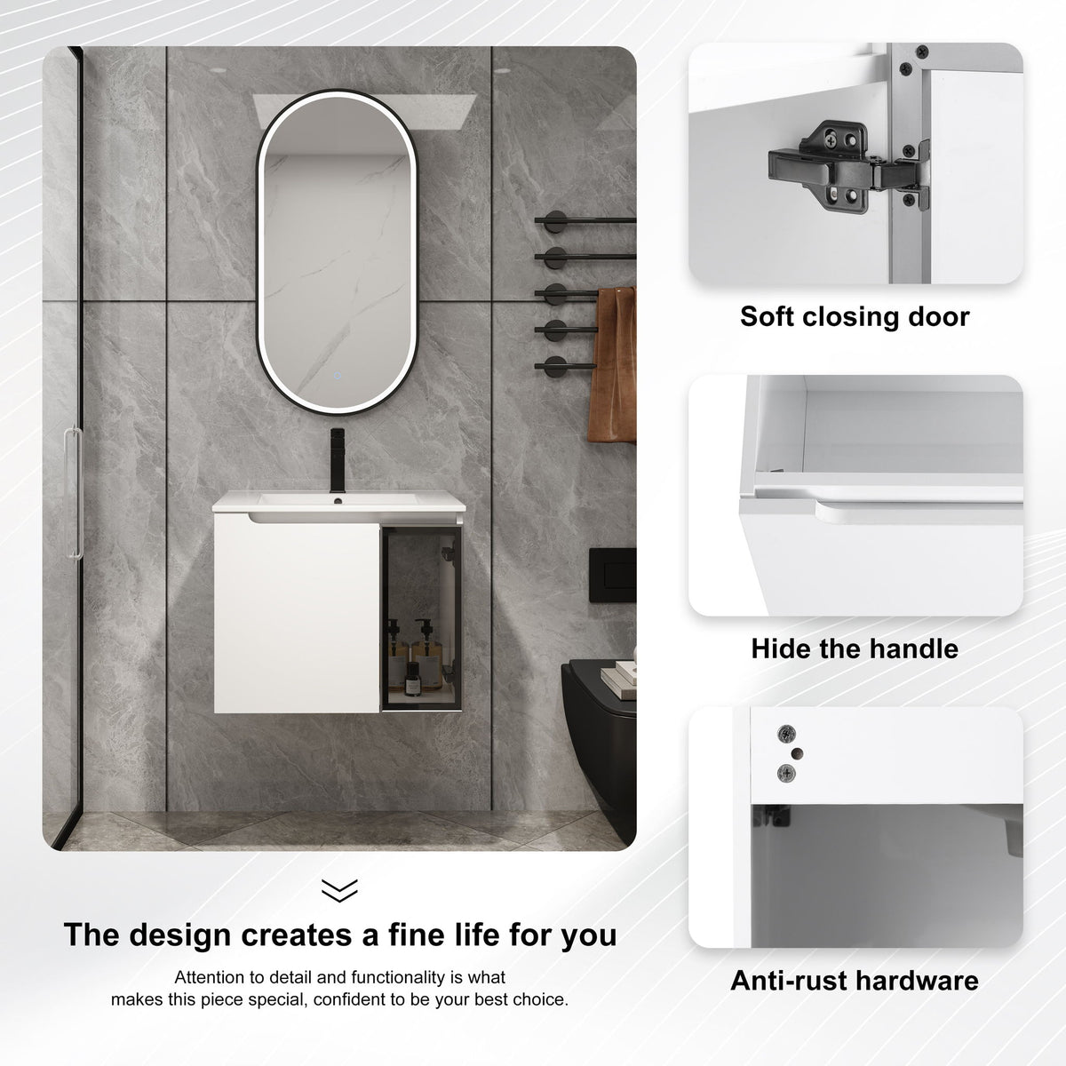White wall-mounted vanity with integrated sink and glass door, showing hardware details