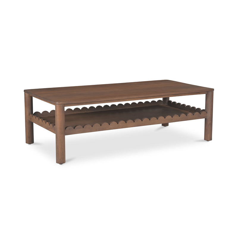 Vintage brown coffee table viewed at angle with scalloped shelf under tabletop.