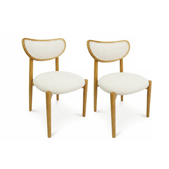 Pair of beige upholstered dining chairs with curved backs and warm wood frames