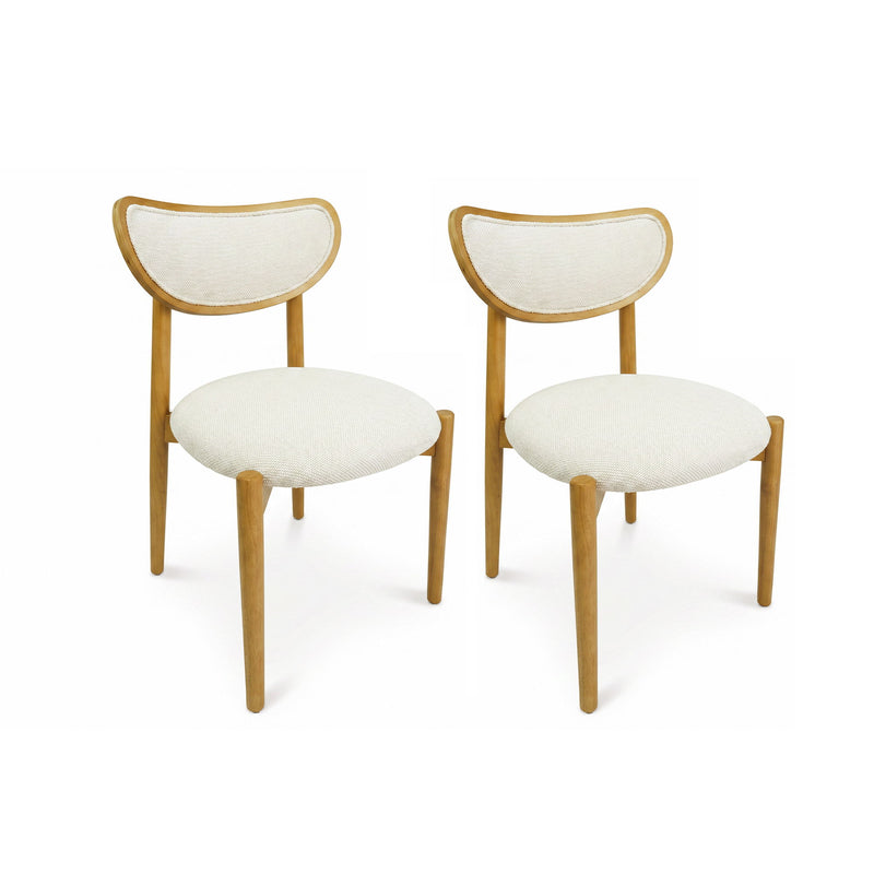 Pair of beige upholstered dining chairs with curved backs and warm wood frames