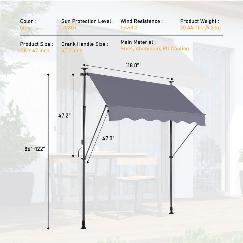 Manual Retractable Patio Awning, UV Resistant Polyester Sun Shade With No Drill Installation