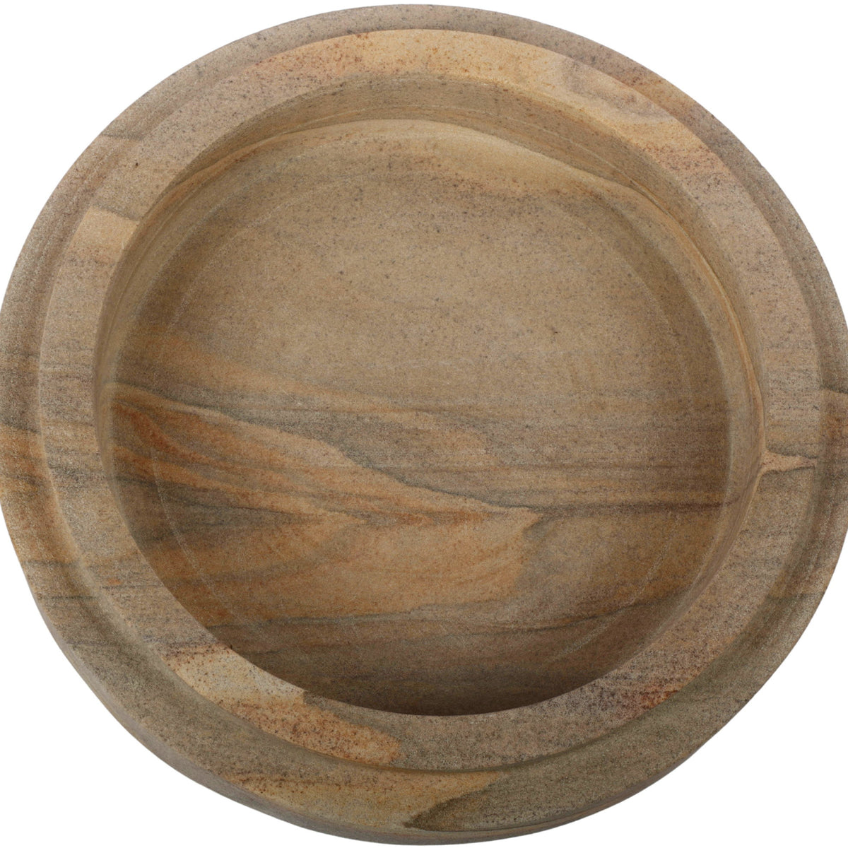 Light brown sandstone bowl top view with smooth basin and layered grain lines.