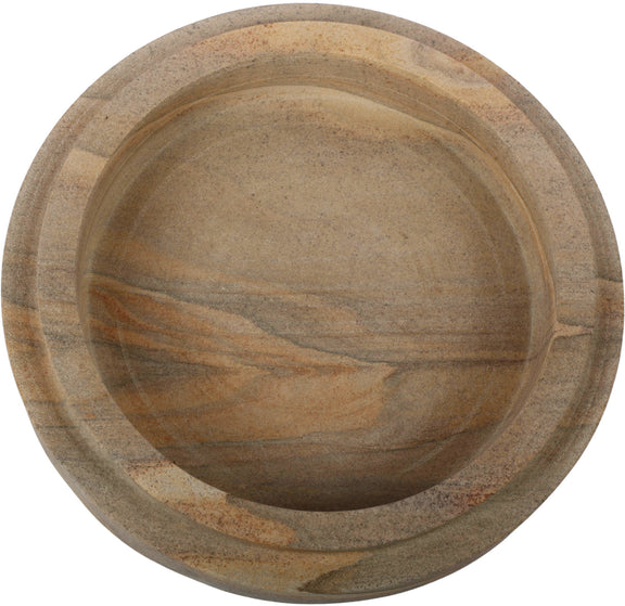 Light brown sandstone bowl top view with smooth basin and layered grain lines.