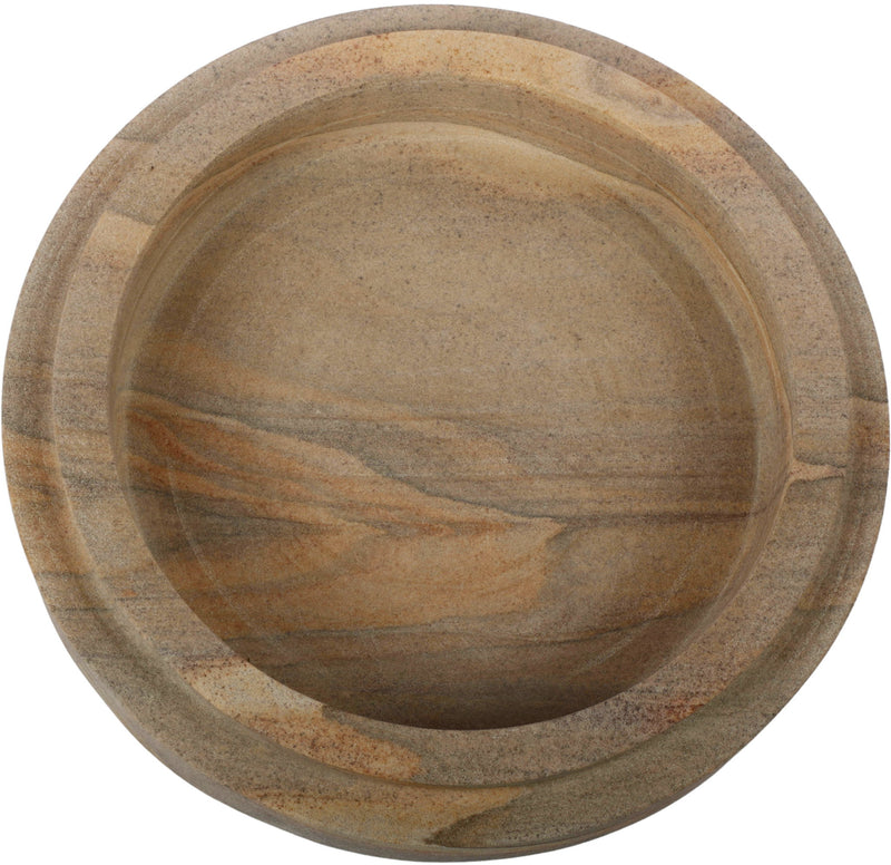 Light brown sandstone bowl top view with smooth basin and layered grain lines.