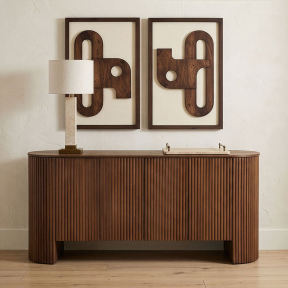 Warm brown sideboard buffet with countertop, sink cutout, and faucet holes