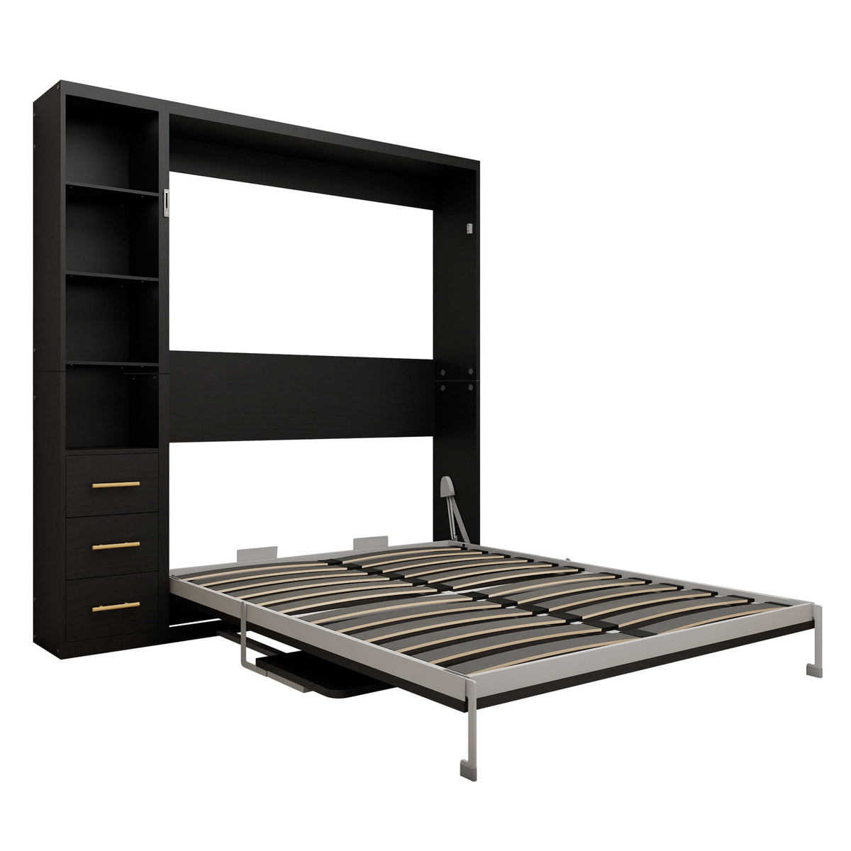 Black vertical Murphy wall bed with open storage cabinet and striped slat mattress base