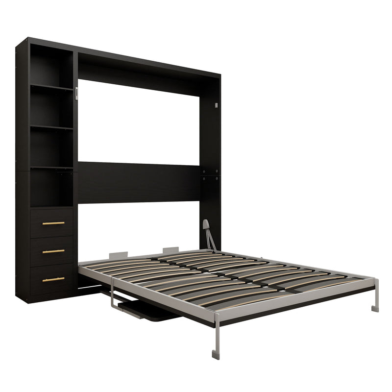 Black vertical Murphy wall bed with open storage cabinet and striped slat mattress base