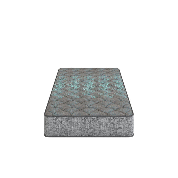 Dark gray 13-inch hybrid mattress with teal patterned quilted surface