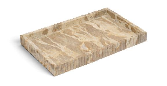 Beige marble tray with carved ridged border and veined stone top