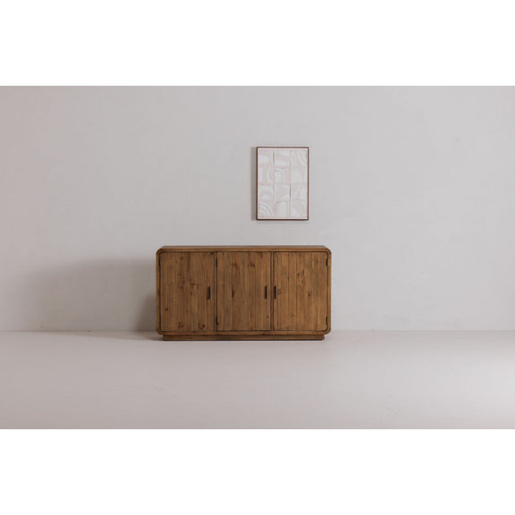 Small white abstract framed print with wooden frame and blocky linear shapes