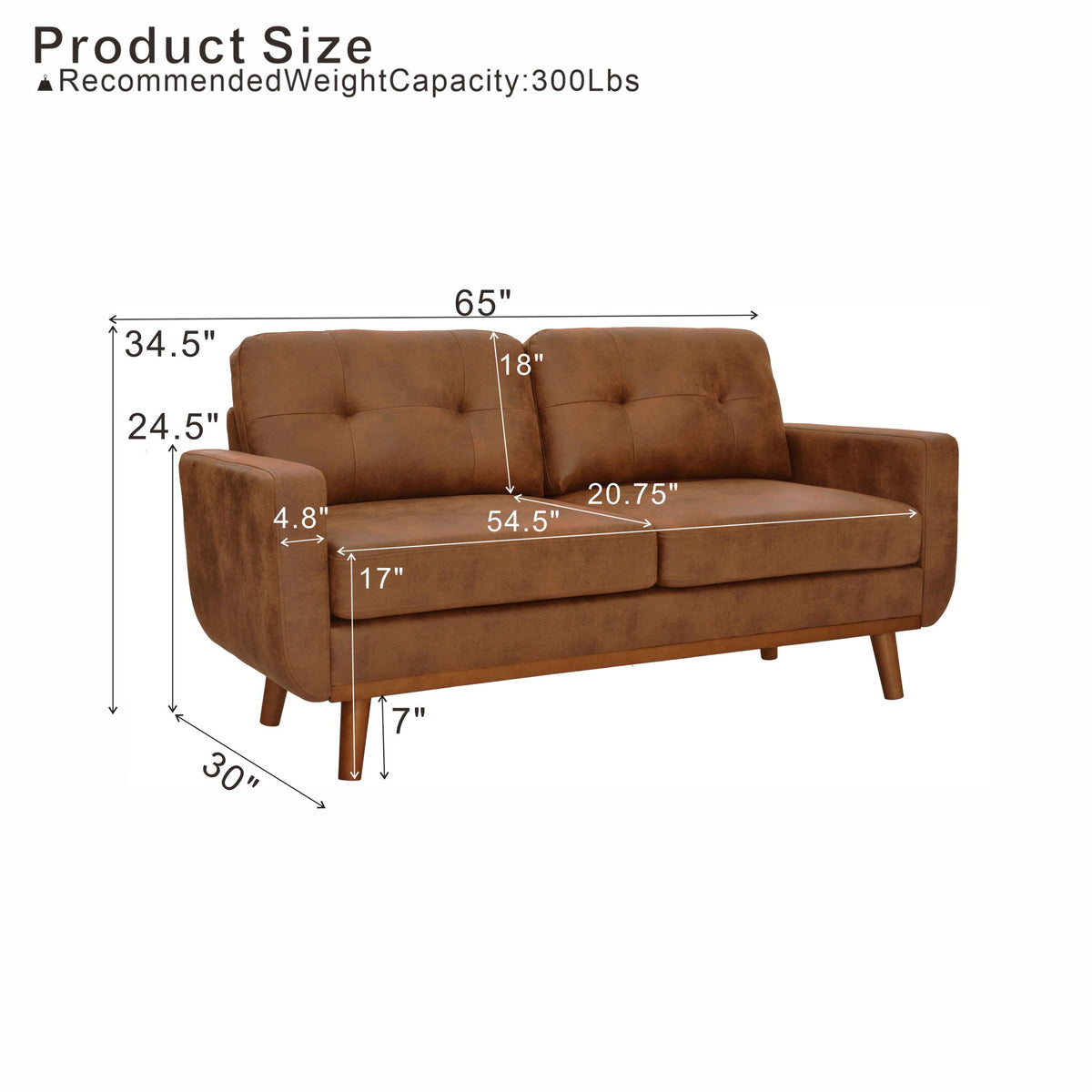 Light brown two-seat sofa with tufted back and dimension labels