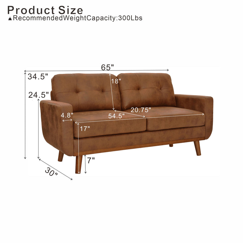 Light brown two-seat sofa with tufted back and dimension labels