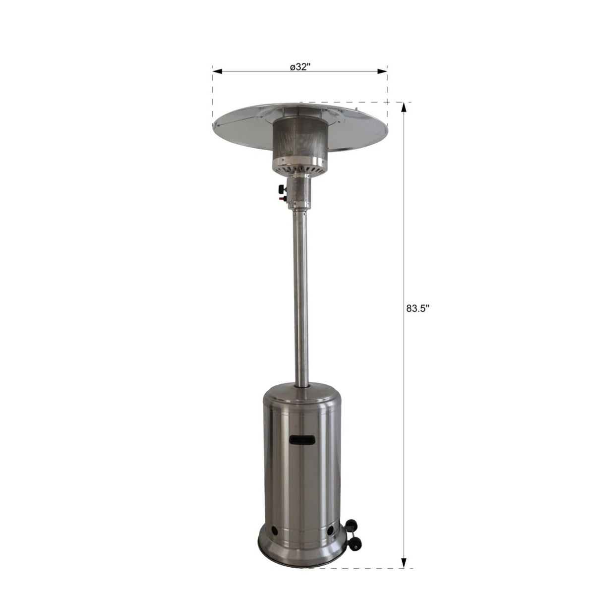 Dark gray standing patio heater: 83.5 in height, 32 in top width