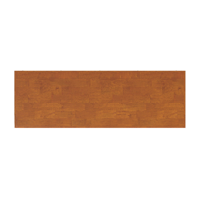 Warm brown wood panel finish for a low bookcase