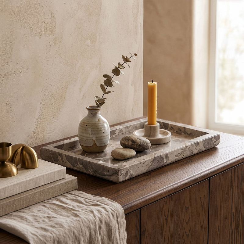 Genuine marble tray centerpiece with candle, vase, and smooth stone pebbles
