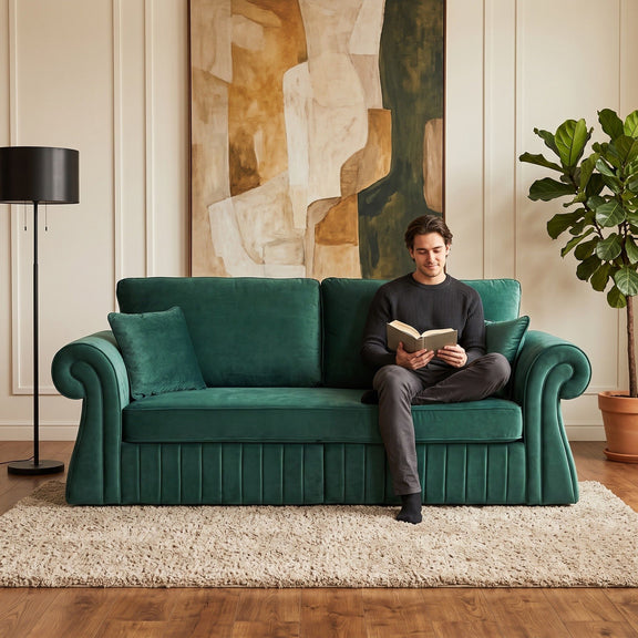 Dark green three-seat sofa with rolled arms and two pillows, with a person seated