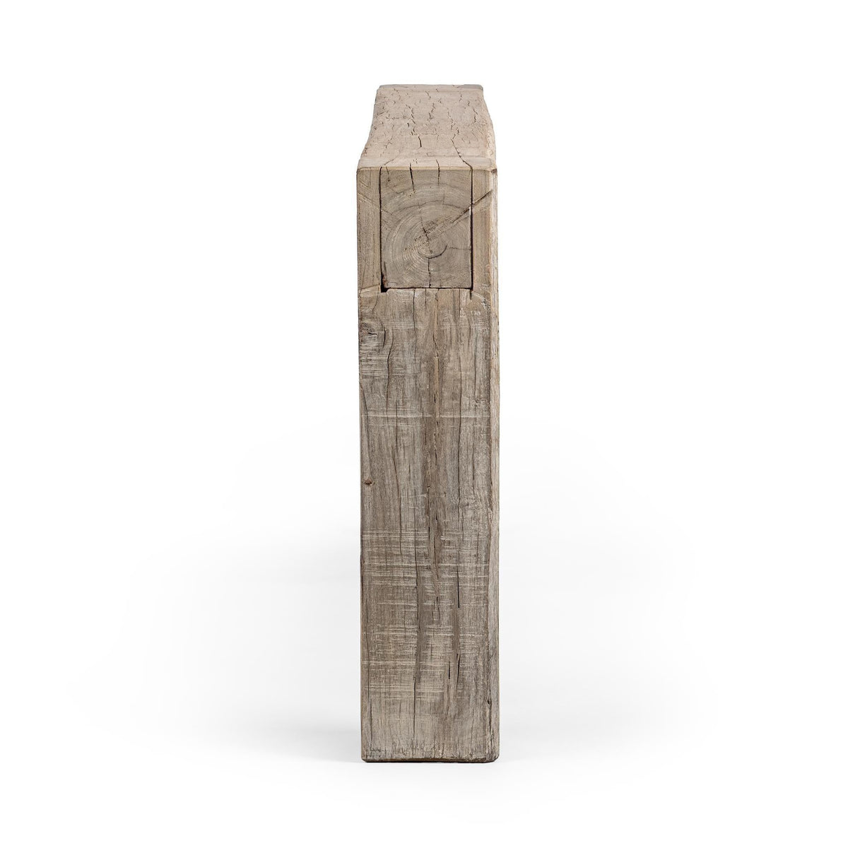 Console table end view with tall turned wood legs and beveled top