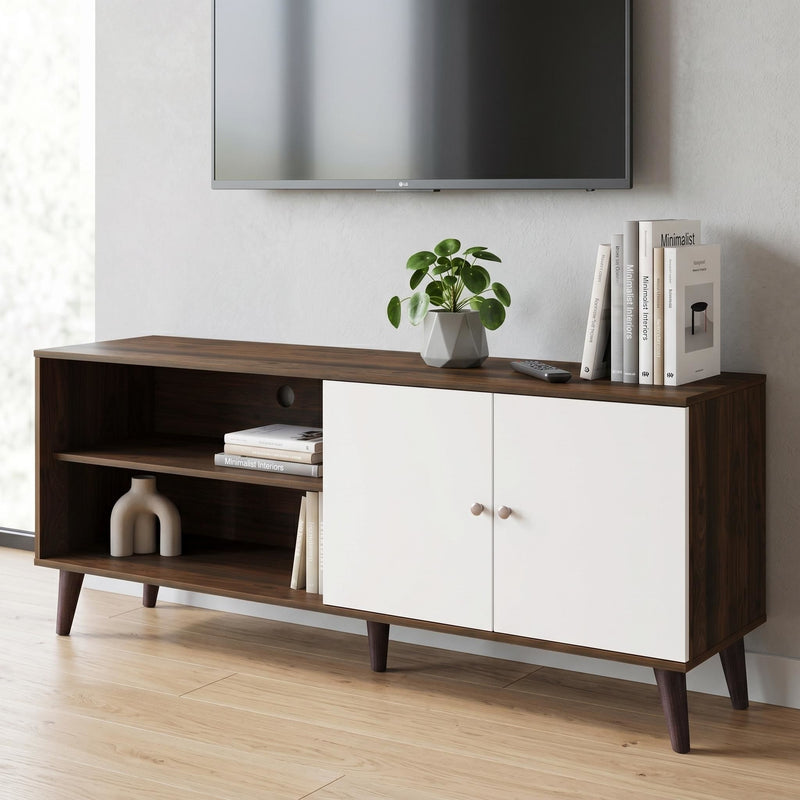 Dark brown TV stand with open shelf and two white doors with knobs, front angle.