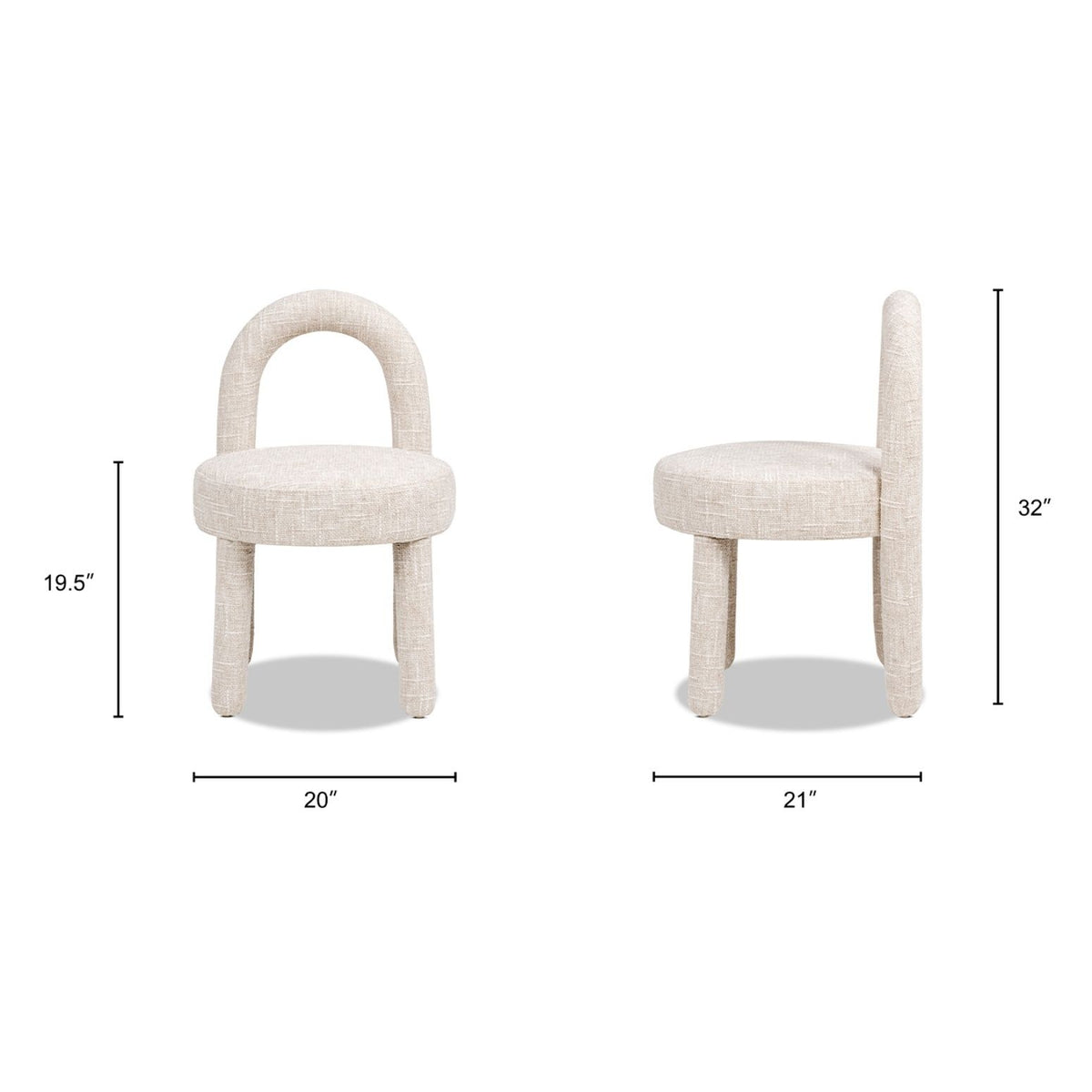 Beige dining side chair set, round-arched fully upholstered design with shown dimensions