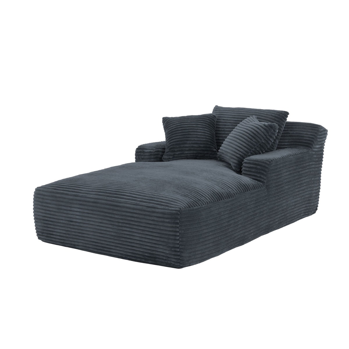 Dark gray oversized chaise lounge with ribbed upholstery, raised arms, and three cushions