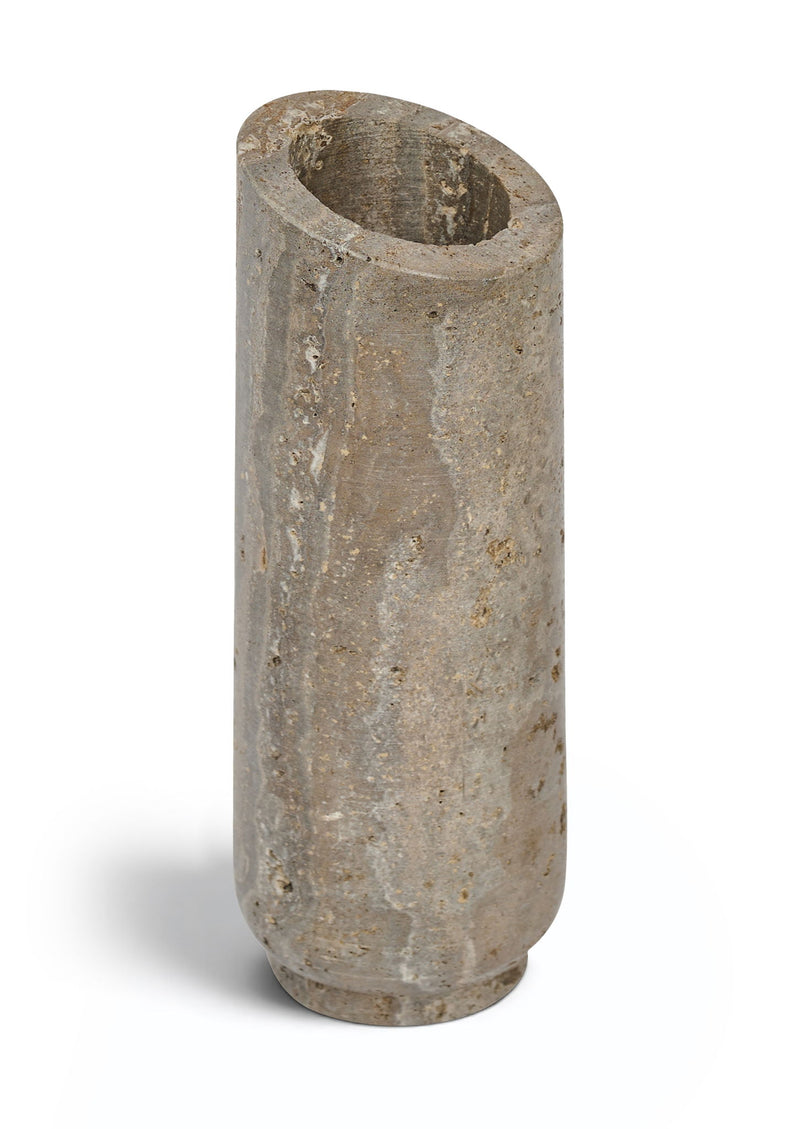Gray travertine vase with speckled stone texture and wide round top opening