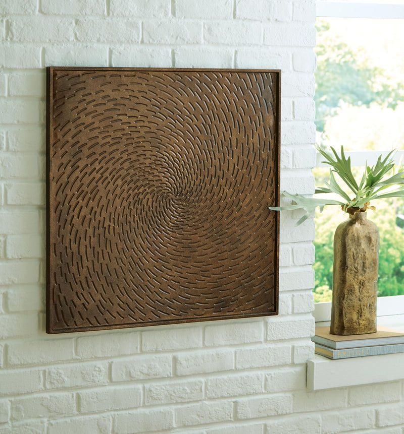 Antique brown framed wall art with concentric swirl relief pattern
