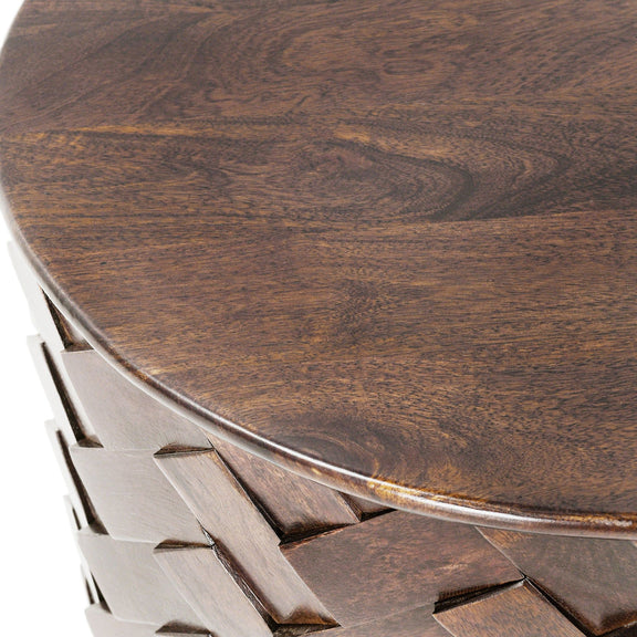 Mango wood table top with visible wood grain and woven side edge detail