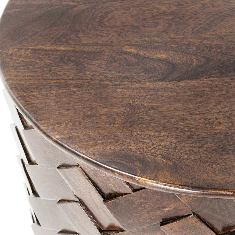 Mango wood table top with visible wood grain and woven side edge detail