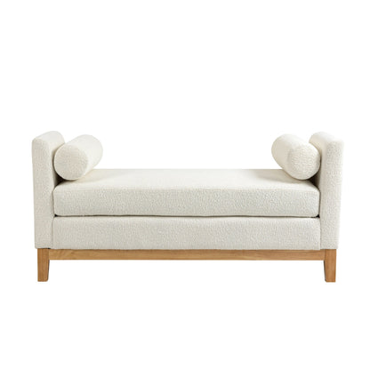 54.3'W Elegant Upholstered Bench, Ottoman with Wood Legs & 2 Bolster Pillows for End of Bed, Bedroom, Living Room, Entryway, Ivory