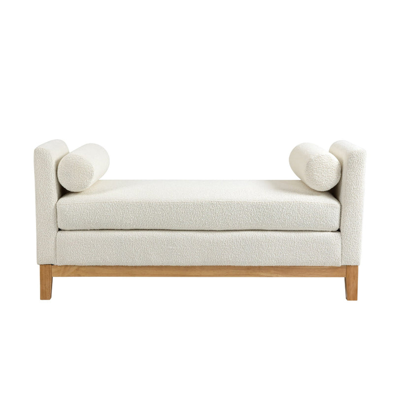 54.3'W Elegant Upholstered Bench, Ottoman with Wood Legs & 2 Bolster Pillows for End of Bed, Bedroom, Living Room, Entryway, Ivory
