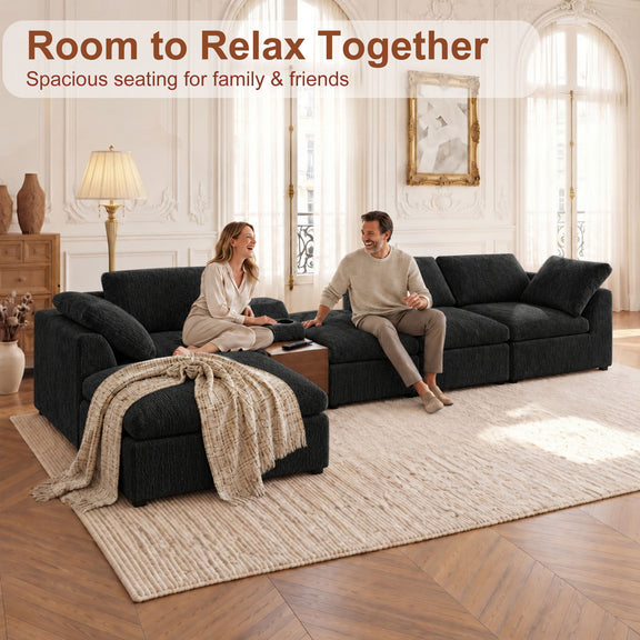Black modular sectional sofa with storage console and removable ottoman pieces