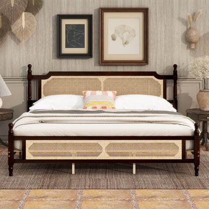 King Pine wooden Bed with Rattan Headboard and Footboard, with Central Enhanced Bed Platform, Espresso, Coastal