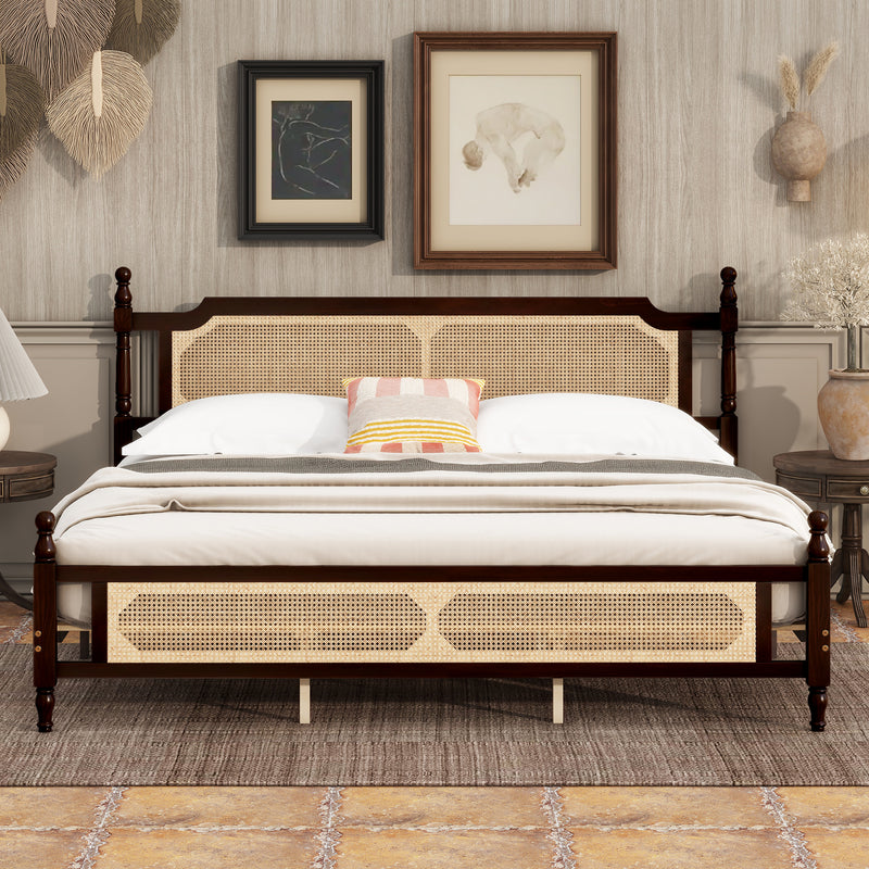 King Pine wooden Bed with Rattan Headboard and Footboard, with Central Enhanced Bed Platform, Espresso, Coastal