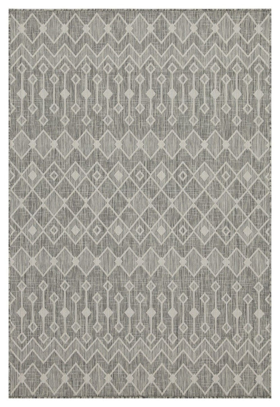 Indoor/outdoor polypropylene area rug, medium gray with light gray diamond and chevron pattern.