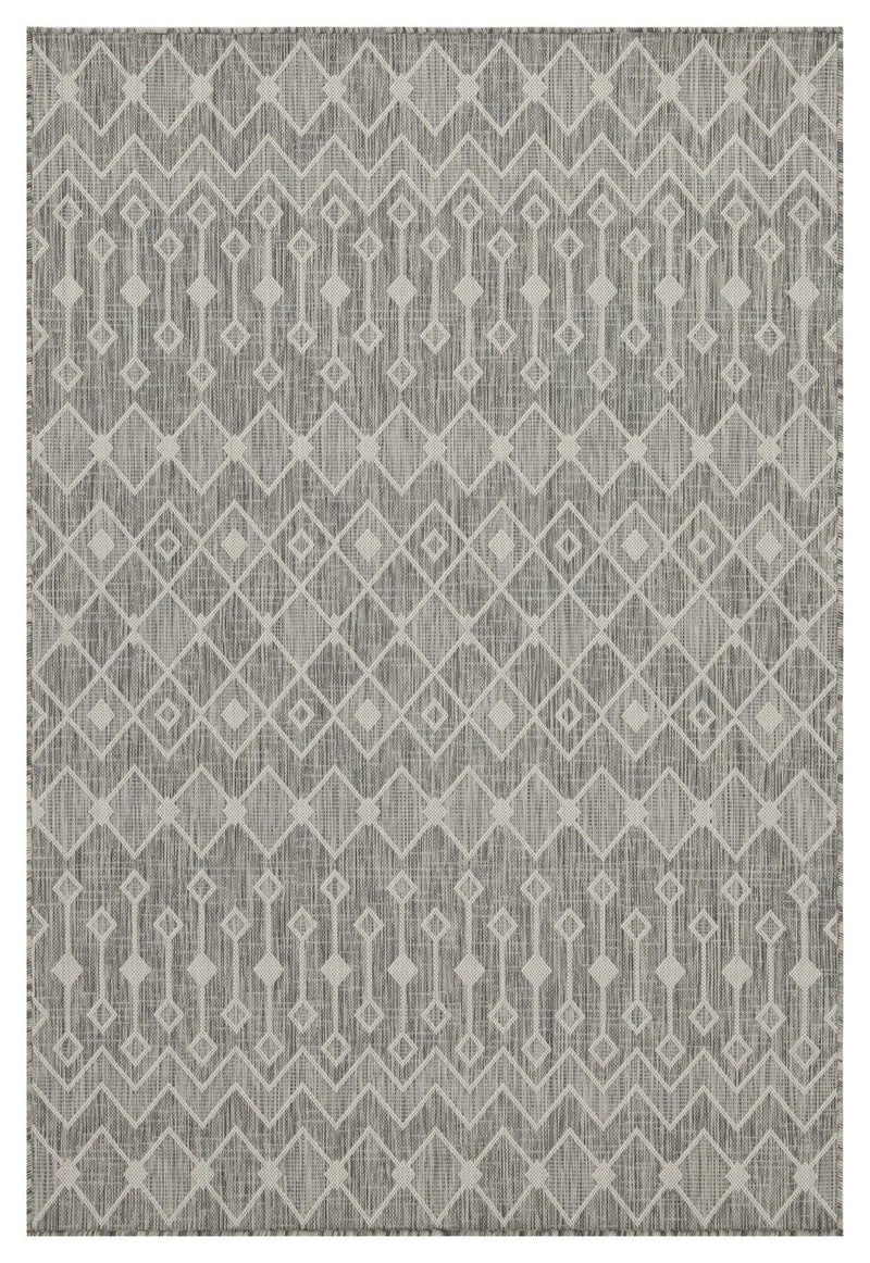Indoor/outdoor polypropylene area rug, medium gray with light gray diamond and chevron pattern.