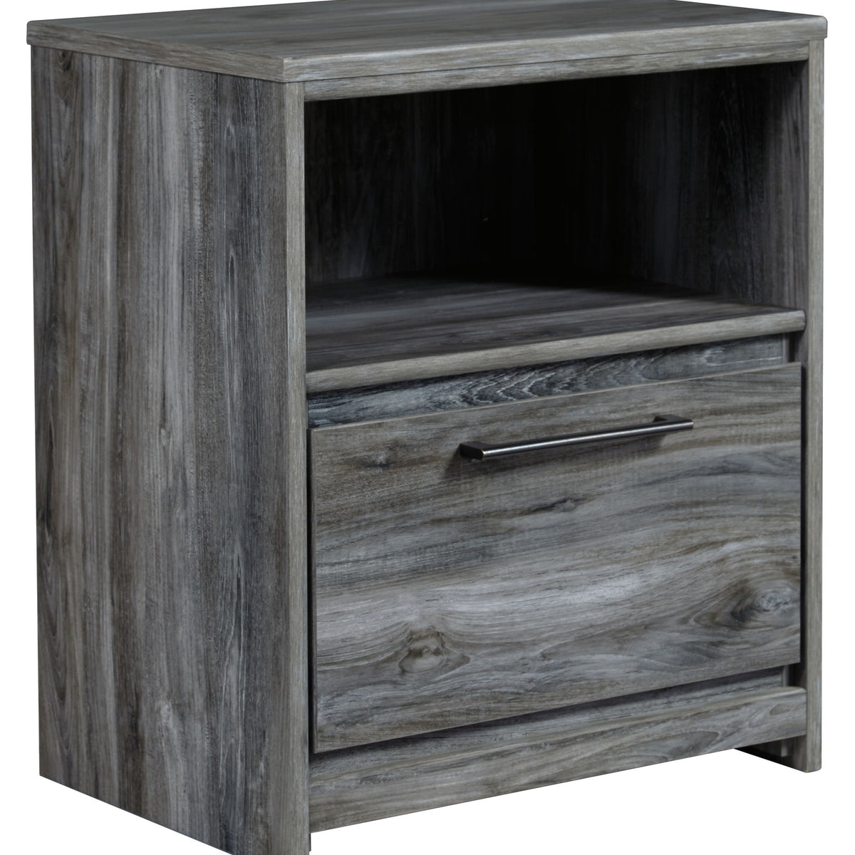 Gray one-drawer nightstand with open shelf and wood-grain finish, black bar pull