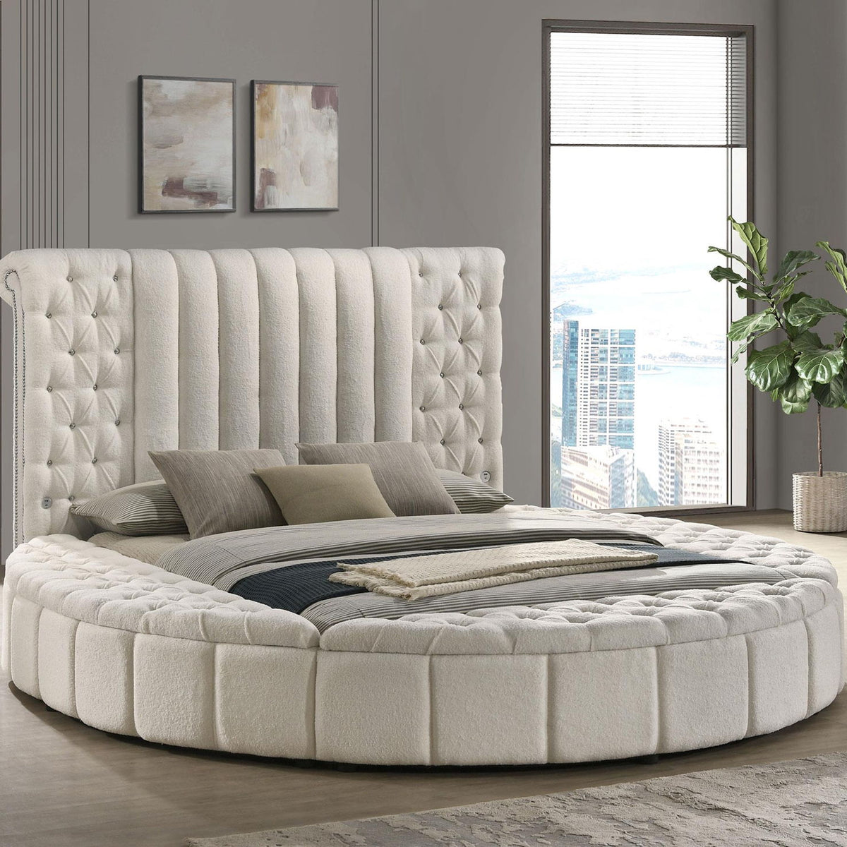 Sonya Upholstered Queen Round Storage Bed Ivory