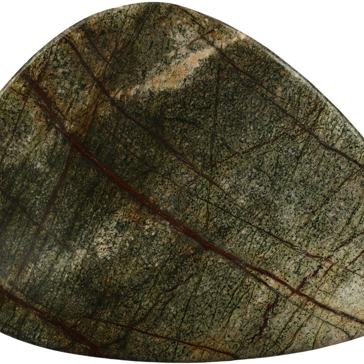 Whelan green marble bowl with dark lines, smooth oval dish form