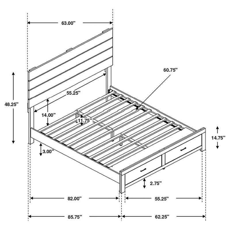 Platform bed with horizontal headboard, slatted mattress base, and side drawers